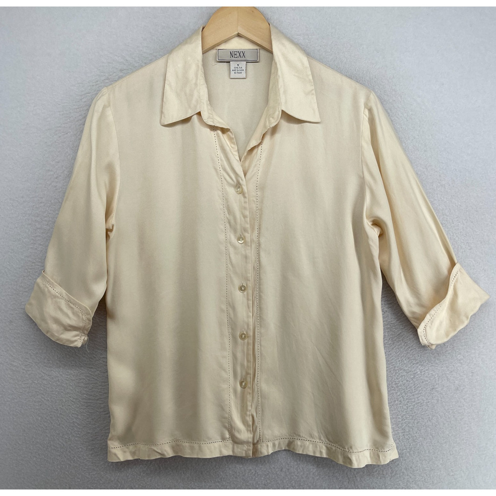 NEXX Top Womens S Silk Twill Hemstitch Detail Cuff Sleeve Button Up Ivory Vtg